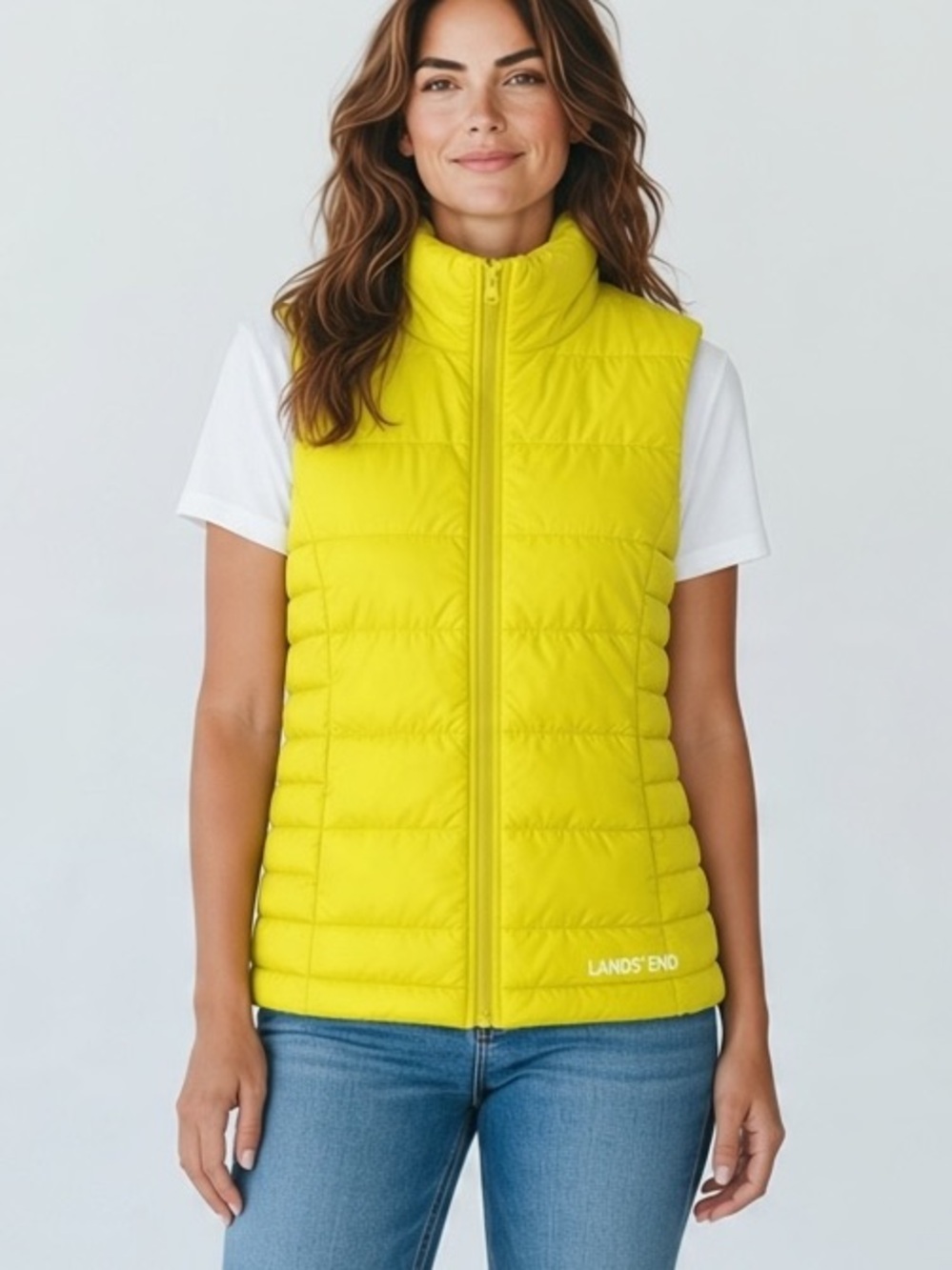 NWOT Lands End Bright Yellow Down Puffer Vest Ski Cozy Autumn Layer Cold Weather